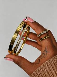 4pcs Stainless Steel Inlaid Shell Plated Gold Bracelet & Ring Set, Waterproof & Fade-Resistant, Suitable For Women's Daily Wear, Holiday Gift - SGS510 Gold - View 13