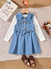 Vihyde Girls Korean Style Long Sleeve Inner Layer & Denim Pleated Pinafore Dress & Belt 3 Pieces Set - Light Wash - View 3