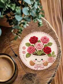 1/4/8pcs Cute Crochet Flower Wooden Coaster Set, Tulip Daisy Rose Sunflower Cartoon Potted Plant Round Drink Cup Mats, Heat Resistant Table Pad, Cottagecore Floral Home Table Decor Sweet Housewarming Gift,Table Decor - Multicolor - View 11
