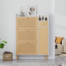 Estantería para zapatos de mimbre - Ideal para espacios reducidos - 3 puertas abatibles y 1 cajón - - Natural y blanco - Ver 4
