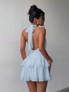 Vestido mini elegante de moda con cuello halter, espalda descubierta y volantes en capas - Boda - Celeste - Ver 2