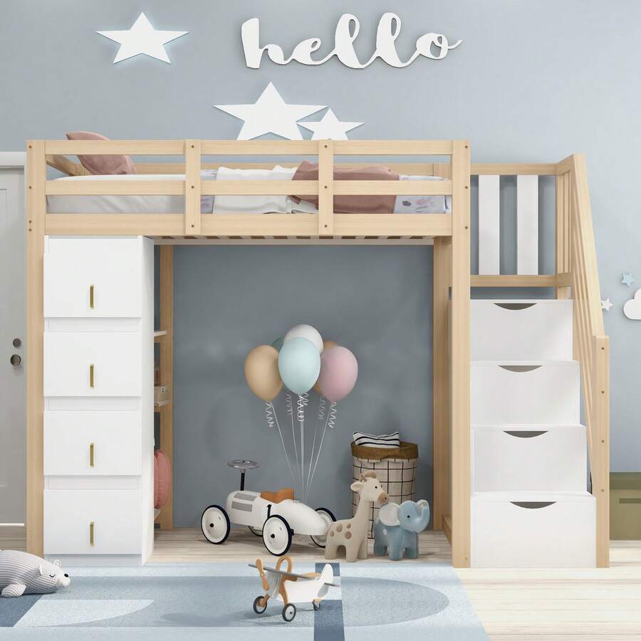 High Bed Frame 90 X 200 Cm With Storage, Shelves And Secure Ladder - Natural - 查看 1
