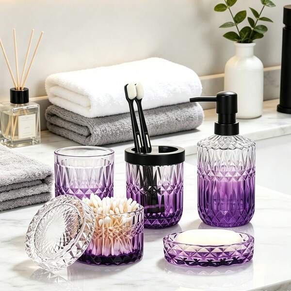5-Piece Purple Gradient Glass Bathroom Accessories Set – Modern Vanity Organizer With Soap Dispenser, Toothbrush Holder, Tumbler, Soap Dish & Cotton Swab Jar – Vintage Decor Gift Set