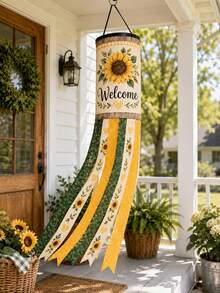 1pc Sunflower Welcome Wind Vane, Farmhouse Style Polyester Hanging Wind Chime With Cylindrical Top, Yellow-Green Long Tassel Tail, Floral Heart Print, Suitable For Porch, Patio, Balcony, Garden, Yard, Front Door, Summer & Autumn Home Decor - A - View 4