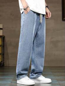 Pantalones vaqueros informales lavados para hombre con cordón y cintura elástica para uso diario - Azul - Ver 5
