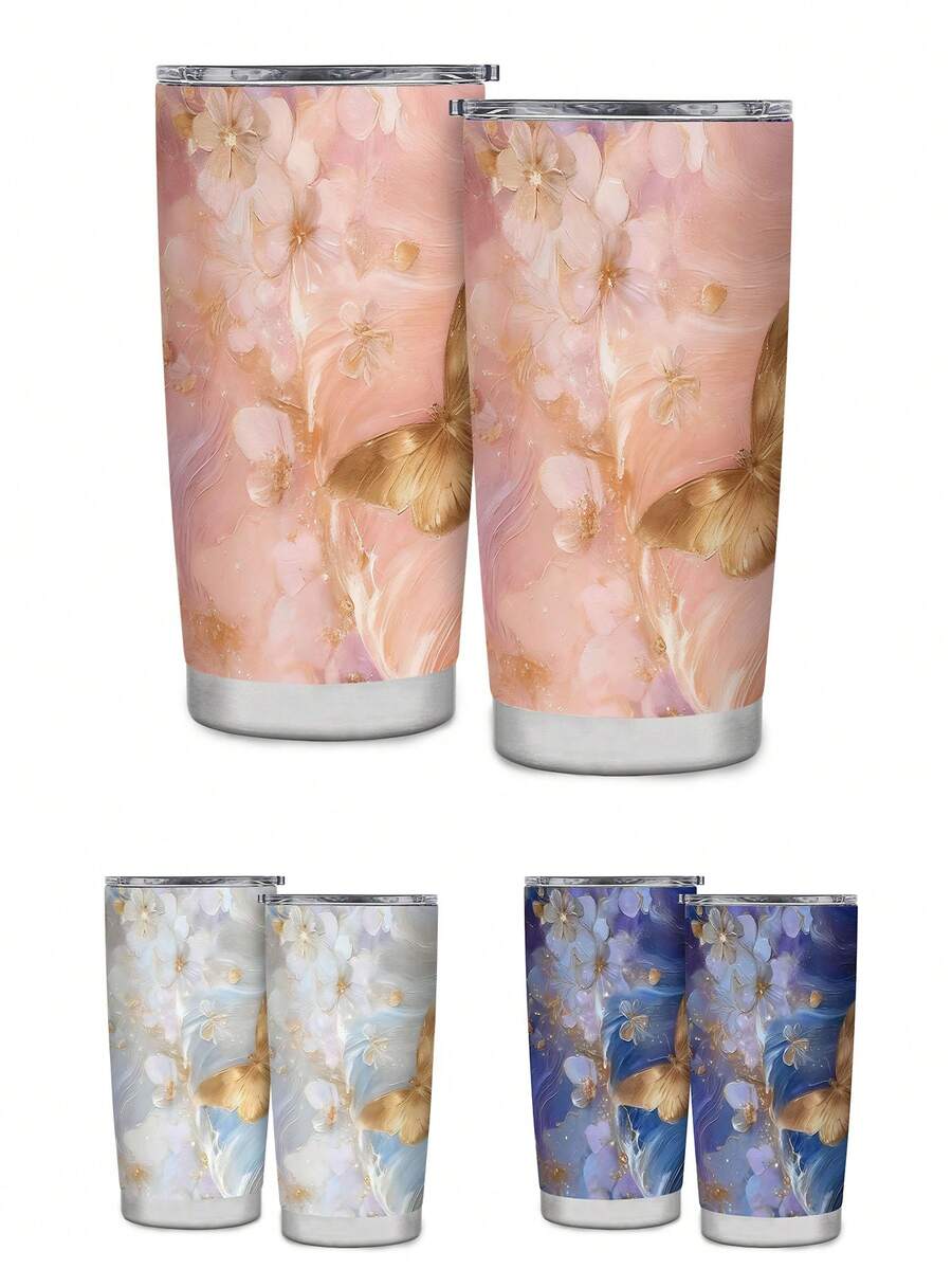 1個 20盎司美學保溫隨行杯，浪漫淺粉色蝴蝶藝術印花，時尚可重複使用水瓶，適合女孩、媽媽、妻子的禮物，防汗外層，適用於生日、聖誕節