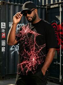 Men's Plus Size Punk Spider Web Print T-Shirt, Dark Style, Streetwear Casual - Black - View 1