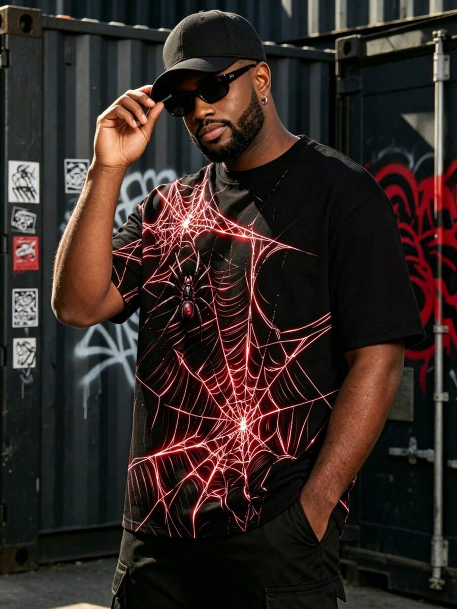 Men's Plus Size Punk Spider Web Print T-Shirt, Dark Style, Streetwear Casual - Black - View 1