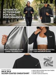 Jaket Sauna Wanita untuk Menurunkan Berat Badan, Lengan Panjang, Saku Resleting, Setelan Keringat Sauna untuk Olahraga, Latihan di Gym, dan Olahraga Lainnya - Hitam - View 6