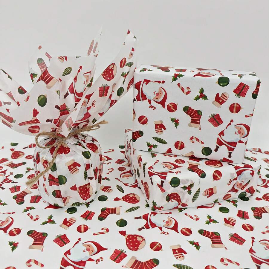 60/30/10 Sheets Santa Claus And Christmas Gift Pattern Tissue Paper, Santa Claus, Christmas Gift, Christmas Stocking, String Lights, Christmas Leaf - 19.69in*13.78in, Handmade Wrapping Paper, Fragile Item Protection, Gift Box Filler - Christmas Stocking - View 1