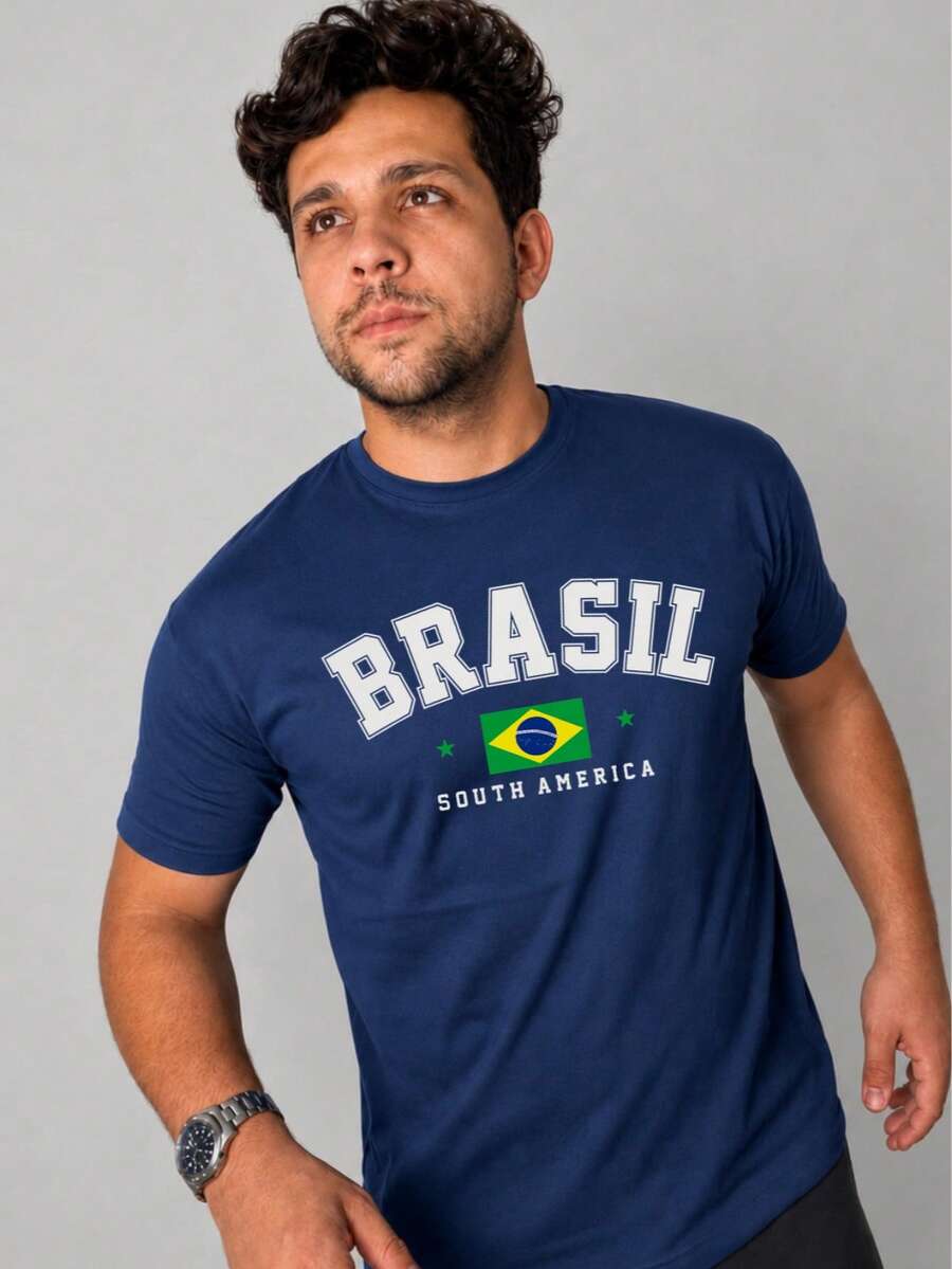 Men's T-Shirt Brazil Print Brazil Summer Spring / Autumn Loose - Navy Blue - View 1