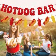 Glitter Hotdog Bar Banner, Red Sparkle Letters With Mustard & Ketchup Bottle Cutouts – Fun Food-Themed Party Decoration For Birthdays - Style 1 - View 3