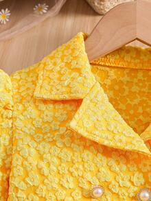 Autumn Girls Bright Yellow Collared Pearl Button Jacquard Short Jacket & Waist Embroidered Floral Vest Dress Set, Soft Fabric, Comfortable Fit, Casual Daily Wear, Birthday Party, Outdoor Photo, Spring Outing Outfit - Yellow - View 3