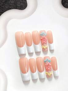 10片法式極簡風手工穿戴甲，Polygel美甲套組，花瓣元素，粉色與白色指甲油，清新青春風格，附美甲工具，3種尺寸可選，杏仁甲、鴨嘴甲、棺材甲，適合派對、舞蹈、日常穿戴 - 彩色 - 查看 20