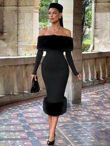 Gaun Midi Rajut Elegan dengan Detail Rumbai dan Bahu Terbuka, Pilihan Sempurna untuk Wanita, Cocok untuk Pesta dan Acara Malam yang Modis - Hitam - View 3