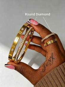 4pcs Stainless Steel Inlaid Shell Plated Gold Bracelet & Ring Set, Waterproof & Fade-Resistant, Suitable For Women's Daily Wear, Holiday Gift - SGS510 Gold - View 9