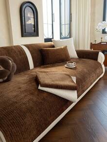 1pc Solid Color Classic Minimalist Striped Sofa Cushion, All-Season Anti-Slip Breathable Machine Washable Pet-Friendly, Suitable For Living Room, Bedroom 1/2/3/4 Combination Sofa Home Decor Protection - Coffee Brown - View 6