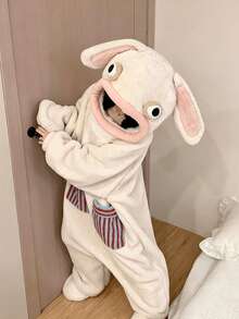 1pc Cute & Quirky Cartoon Rabbit Coral Fleece Hooded Bathrobe, Made Of Coral Fleece Material, Featuring 3D Plush Rabbit Ears And Striped Applique Pocket, Perfect For Daily Casual Wear, Halloween Party, Or As A Unique Gift For Girls - Multicolor - View 5