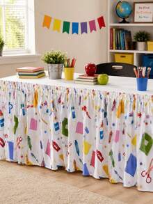 1pc Back To School Classroom Table Skirt, Colorful Crayon Scissors Glue Notebook Star Stationery Print Pleated Tablecloth, Hook And Loop Wrinkle-Resistant Washable, Teacher Desk Handmade Market Education School Event Display Table Decor - Multicolor - View 9