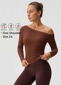 Never me Women's Solid Color Asymmetric Neck Asymmetric Neck Sports T-Shirt, Minimalist Slim Fit Elastic Diagonal Shoulder Design Yoga Wear Long Sleeve - Red Orange - View 4