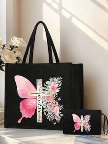 Bolsa de mano con tema cristiano y bolsa pequeña con cruz, mariposa rosa y patrón de letras florales coloridas, regalo ideal para seres queridos y maestros. Bolsa de mano de lino de gran capacidad para mujer con diseño innovador, espaciosa, portátil y casual, perfecta para ir de compras. Bolsa de mano portátil multifuncional para maestras, excelente opción de regalo para mujeres. Regalo del Día del Maestro, Día del Padre, regalo de cumpleaños, regalo de vuelta a la escuela, - Multicolor - Ver 8