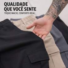 Calça cargo Oversized masculina com e leve comprida solta casual cordão cintura streetwear skate unissex conforto Longa confortável - Jeans Estonado - Visão 5