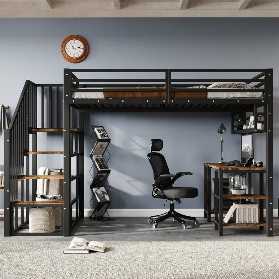 Bed Frame With Metal And Shelves, 120x200cm - 黑胡桃木 - 查看 1