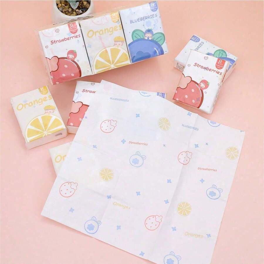 8/32/48/72/144pcs (8pcs=1pack) Cute Fruit Print Pocket Tissues: 3-Ply Soft Handkerchief Paper, Strawberry And Orange Pattern - Multicolor - View 1