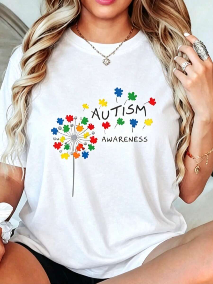 Camiseta con diseño de pieza de rompecabezas de diente de león para concientización sobre el autismo, regalo genial para la concientización sobre el autismo, camisetas gráficas para mujer, c - Blanco - Ver 1
