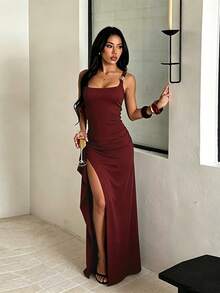 1pc Solid Color Elegant Casual Sexy Party Knit Fabric Asymmetric Dress Formal Evening Wear Autumn - Burgundy - View 4