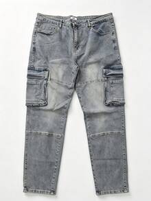 Men's Plus Size Stretch Cargo Jeans, Retro Faded Blue Straight Leg Denim Pants, Casual Work Trousers - Navy Blue - View 10