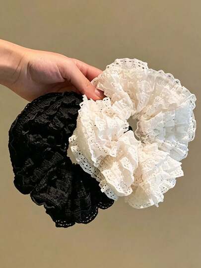 1/2PCS New Korean Style Premium Double Layer Hollow Lace Scrunchies For Women, Soft Elegant Fluffy Large Hair Ties With Lotus Ruffle Edge, 14cm Oversized Wide Thick High Elasticity Inner Core, Non-Damaging To Hair And Scalp, Black And White Solid Color Vintage Court Style Versatile For Ponytail Braids Bun Hair Accessories, Lightweight Breathable 3D Hollow Lace Design For Voluminous Crown, Suitable For Fine Soft Thick And Coarse Hair Types, Commute Date Picnic Formal Dress Accessory