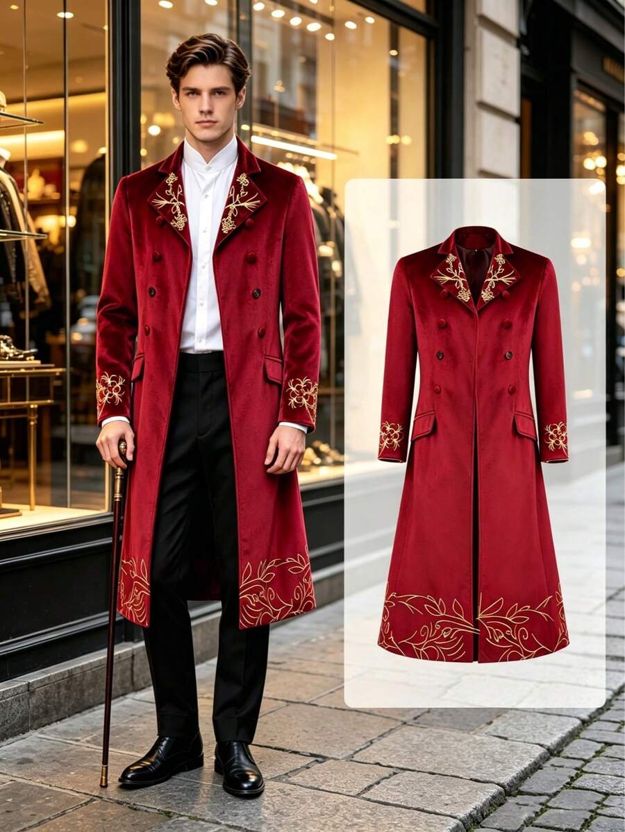 Long Coat, Vintage Gold Embroidered Double-Breasted Long Robe, Medieval Nobility Vampire Cosplay Costume, Halloween Stage Performance Outfit, Gothic Retro Windbreaker, Fashion Long Coat, Distinctive Long Jacket - Red - View 1