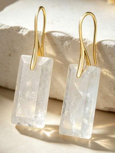 Yumfeel Faceted Geometric Square Clear Crystal Pendant Earrings, Healing Natural Crystal, Elegant Fashionable Women's Jewelry, New Year/Christmas Gift