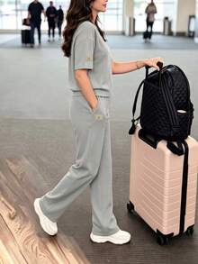 女款休閒兩件套，圓領T恤搭配微彈長褲，舒適居家服套裝，附口袋，夏季優雅 - 淺灰色 - 查看 4