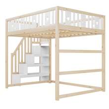 Kids Bed Frame 140x200 With Ladder, High Bed Frame Of Solid Wood With Mattress And Star/Moon - Natural and White - 查看 7