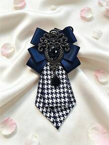 Vintage Houndstooth Bow Tie Necklace, Satin Bow With Rhinestone Decor Neckpiece, Preppy Shirt Collar Accessory - Tie - View 4