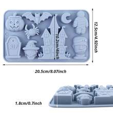 Halloween Theme Silicone Baking Molds: Includes Classic Holiday Shapes Like Pumpkin Lantern, Bat, Spider, Witch Hat, Tombstone, Haunted House, Mummy And More 3D Designs, Suitable For Making Chocolate, Candy, Pudding, Cookies Or Cake Decorations. Made Of Silicone Material, Wide Temperature Range, Easy To Demold And Dishwasher , Ideal Tool For Holiday Parties And Creative Desserts. - Baby Blue - View 5
