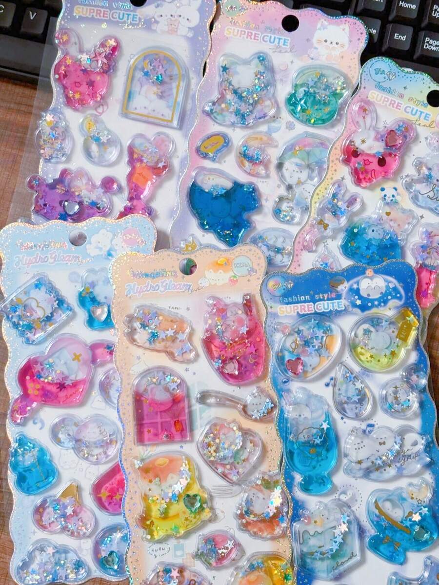 Authentic 3D Colorful Water-Filled Liquid Glitter Crystal Stickers, Cute Rabbit Penguin Animal DIY Handmade Decoration Decals