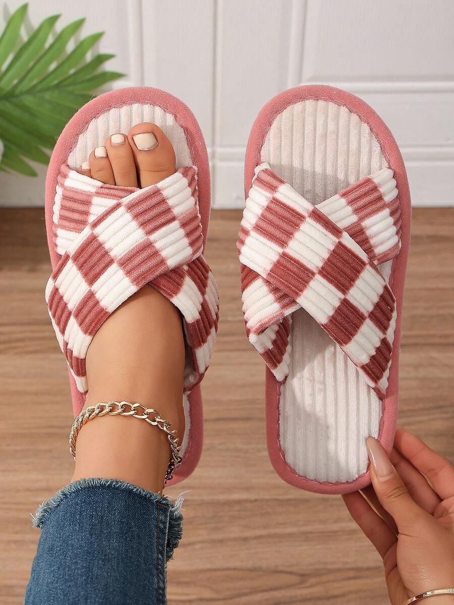 Classic Plaid Thick Stripe Criss-Cross Open Toe Plush Slippers For Women, Indoor Home Living Room Fashion Gift Slippers, Comfortable Breathable All-Season, Multiple Colors Available