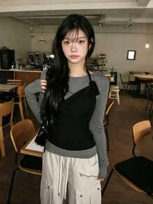 Korean Niche Design Halter Neck Tank Top & Halterneck Long Sleeve T-Shirt 2-Piece Set, Layered Slim Fit For Women Elegant - Dark Grey - View 6