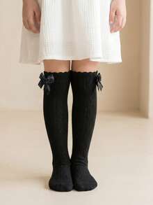 1 Pair Cotton Bow Girls Socks, Cute Children's Mid-Calf Socks, Spring Summer Autumn Girls Ruffle Socks, Princess Socks - Black - View 4