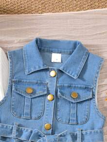 Vihyde Girls Korean Style Long Sleeve Inner Layer & Denim Pleated Pinafore Dress & Belt 3 Pieces Set - Light Wash - View 5