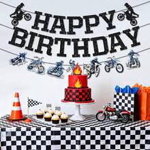 1 Set (22pcs) Happy Birthday Banner With Black Glitter Letters, Dirt Bike, Flag, Motorcycle Racing Theme Party Wall Hanging Garland, Suitable For Racing Theme Birthday Party Background Decoration - A - View 5