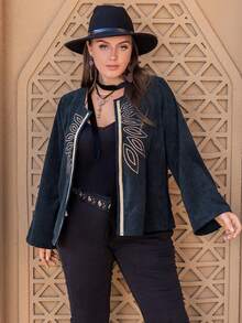 Jaket Bohemian Vintage Bordir Korduroi Biru Tua untuk Wanita Ukuran Besar - Navy Blue - View 5
