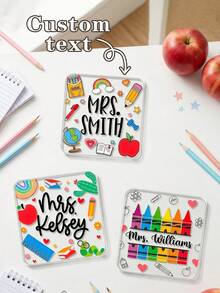 Posavasos cuadrados de acrílico personalizables, impresos con patrones de papelería escolar, adecuados para escritorios de oficina y hogar, ideales para el Día del Maestro, la temporada de regreso a clases, el cumpleaños del maestro y para expresar gratitud - Multicolor - Ver 1