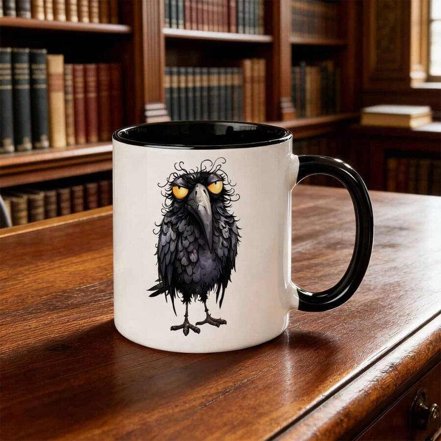 1pc Funny Grumpy Crow Coffee Mug 11oz Cartoon Crow Design With Expressive Eyes, Humorous Gift For Crow Lovers, Friends, Colleagues - Ideal For Halloween, Office & Home Use, Durable Novelty Drin - White - View 1
