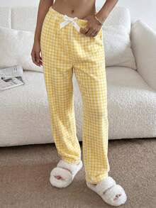 1pc Women's Dual-Color Plaid Print Soft Comfortable Flannel Thermal Lined Pajama Pants, Autumn/Winter - Yellow - View 3
