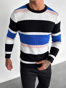 ZYNTH BALENO Men's Fashion Autumn/Winter Striped Crew Neck Long Sleeve Sweater, Suitable For Gym Workout Sports - Blue - View 5