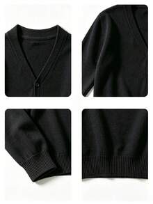 Boys' Basic Solid Color Knit Cardigan, V-Neck Button Long Sleeve Lightweight Jacket, Suitable For Autumn/Winter - Black - View 5